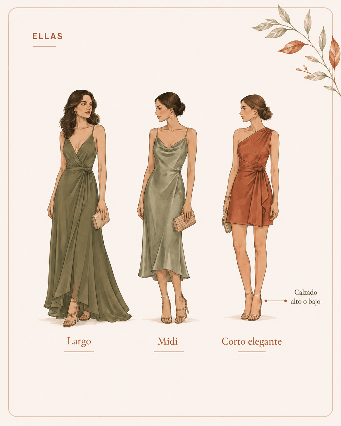 Guía de vestimenta para ellas: vestido largo, midi o corto elegante y calzado alto o bajo.